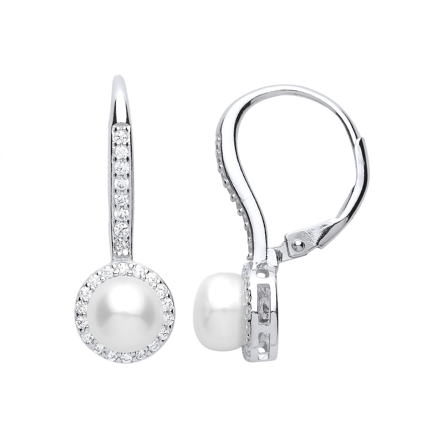 Silver  CZ Pearl Eternity Halo Drop Earrings - GVE663
