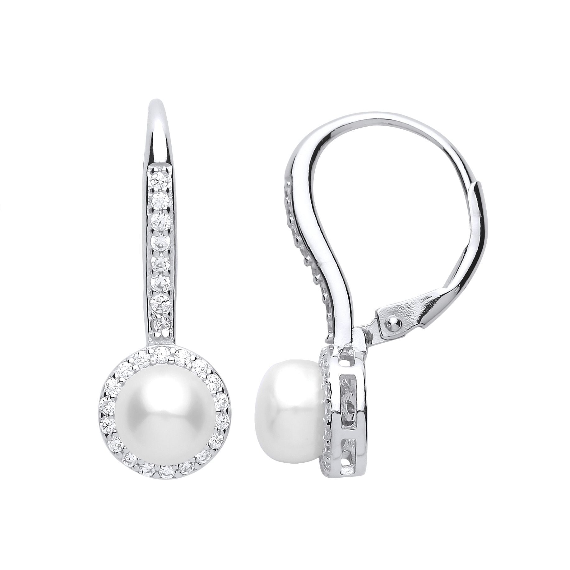 Silver  CZ Pearl Eternity Halo Drop Earrings - GVE663