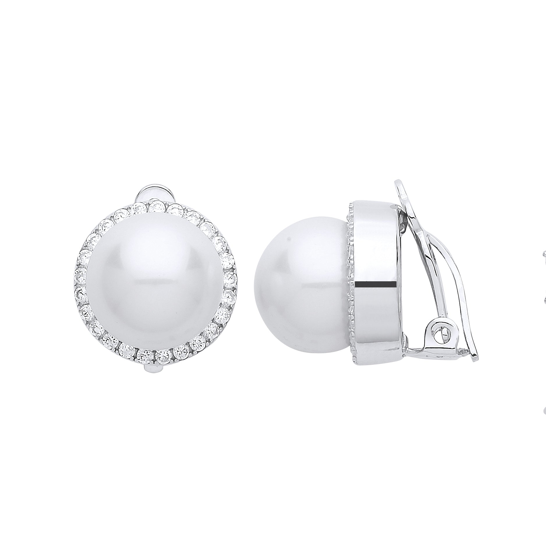 Silver  CZ Pearl Full Moon Halo Clip-on Earrings 12mm - GVE665