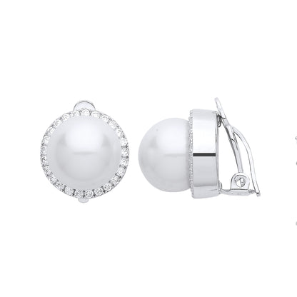 Silver  CZ Pearl Full Moon Halo Clip-on Earrings 12mm - GVE665