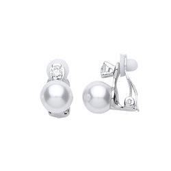 Silver  CZ Pearl Full Moon Solitaire Clip-on Drop Earrings 9mm - GVE668