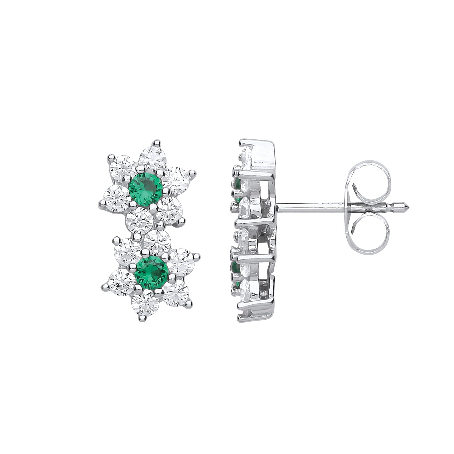 Silver  Green CZ Twin Flower Cluster Drop Earrings - GVE669EM