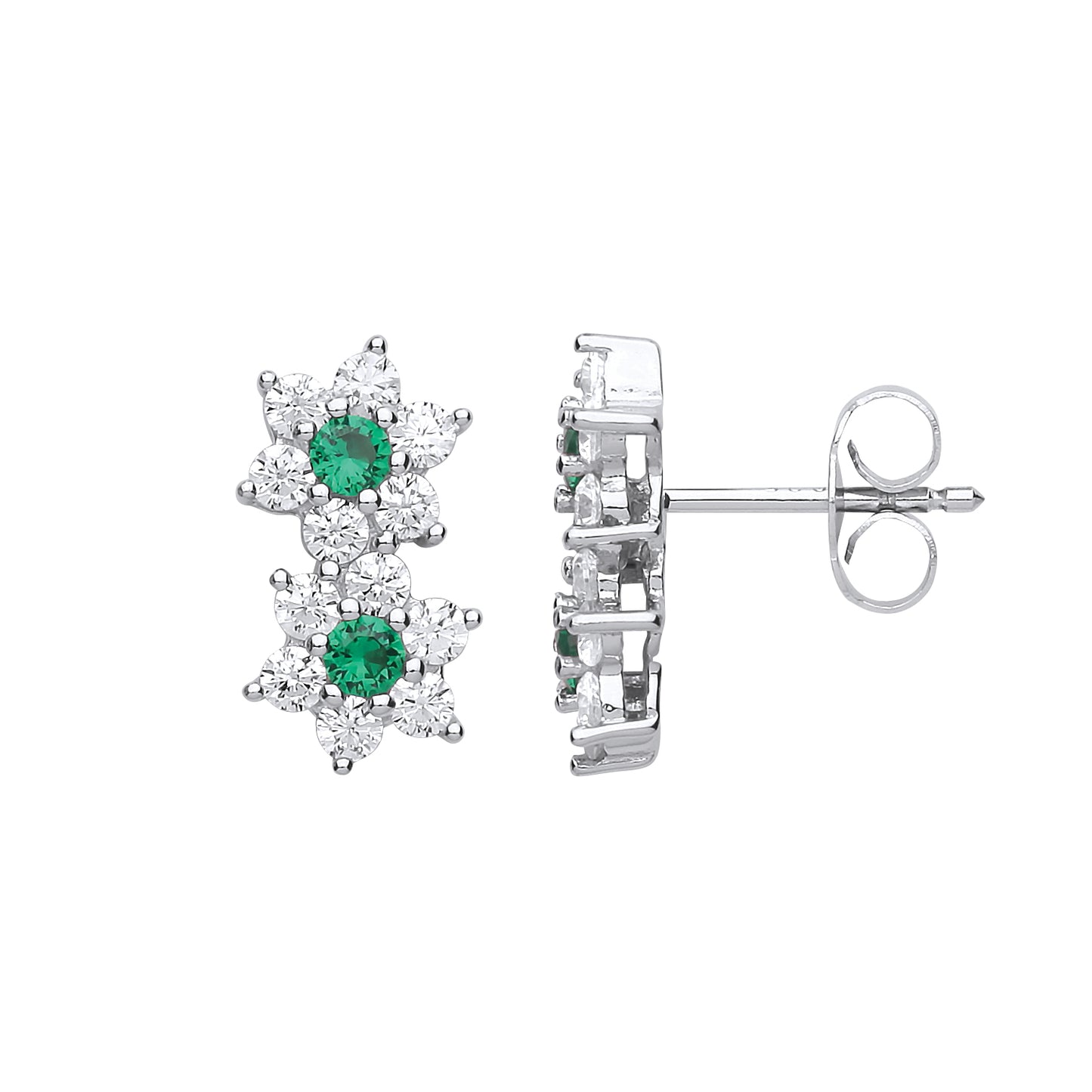 Silver  Green CZ Twin Flower Cluster Drop Earrings - GVE669EM