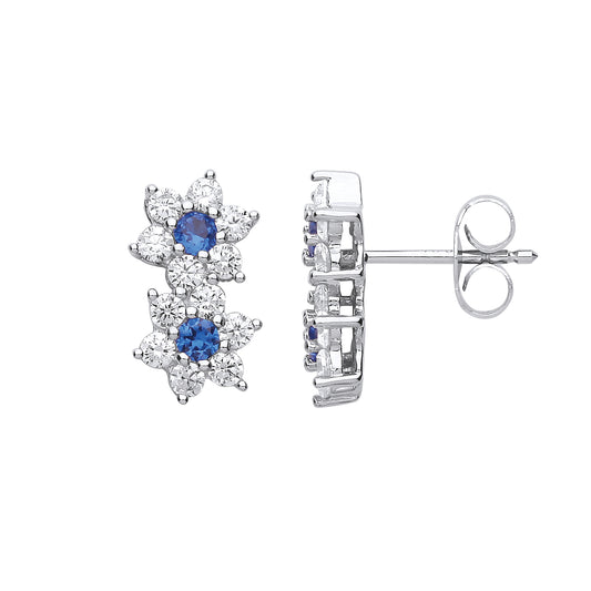Silver  Blue CZ Twin Flower Cluster Drop Earrings - GVE669SAP