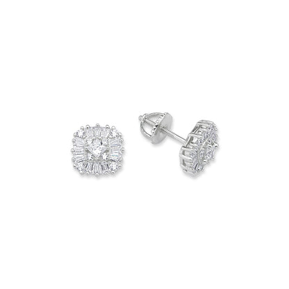 Silver  Princess Baguette CZ Screw-back Cluster Stud Earrings - GVE672