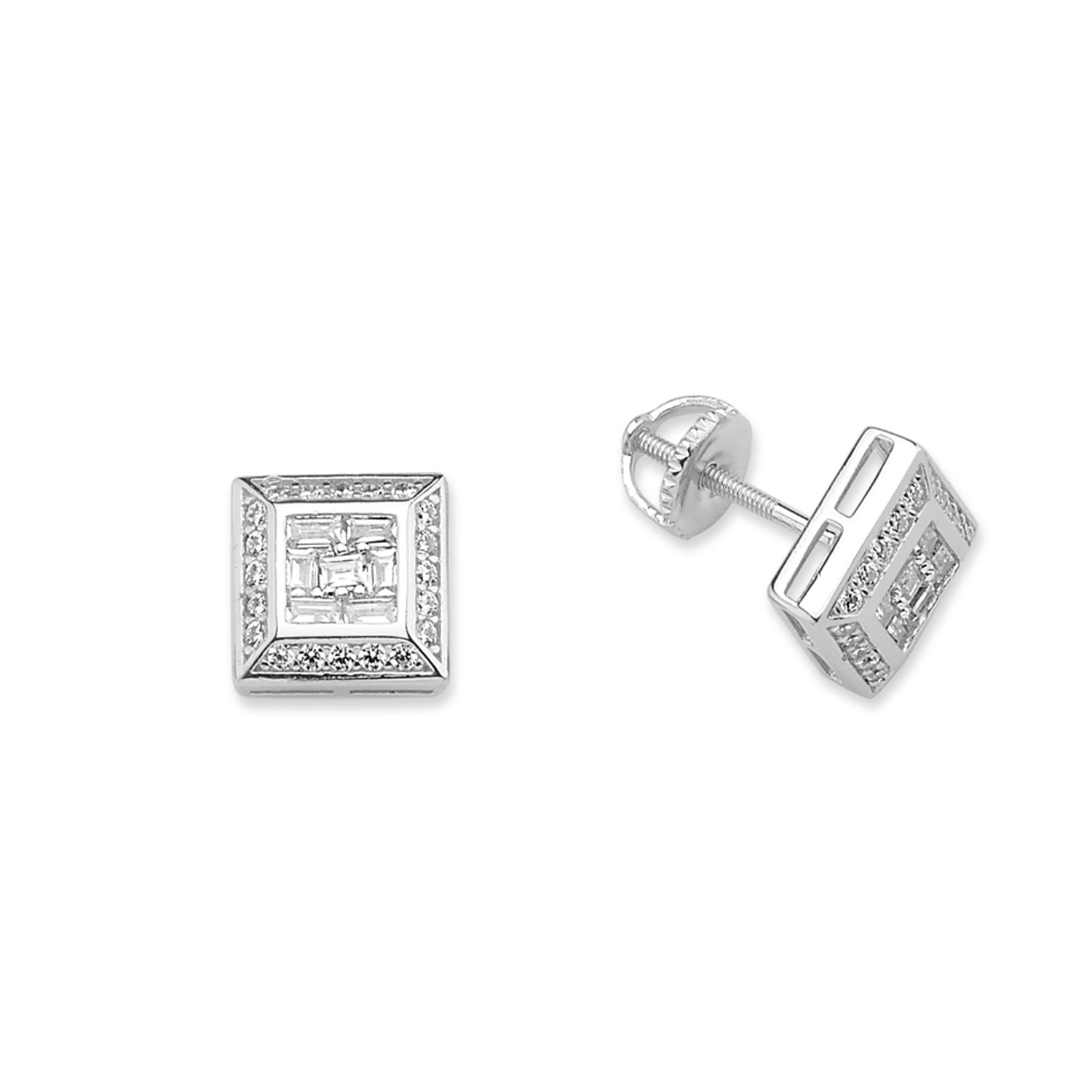 Silver  Baguette CZ Screw-back Cluster Stud Earrings - GVE674