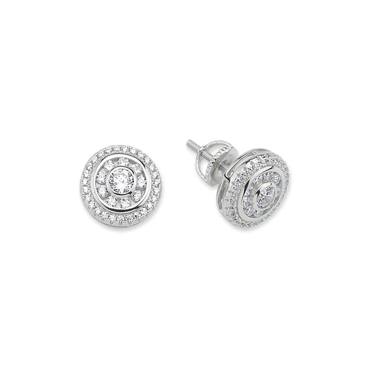 Silver  CZ Solitaire Halo Cluster Stud Earrings - GVE675