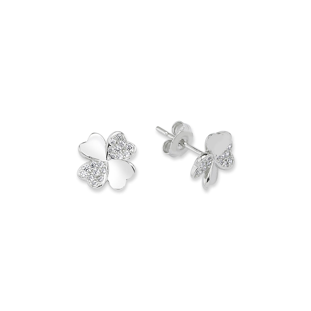 Silver  CZ Love Heart Lucky 4-Leaf Clover Stud Earrings - GVE677