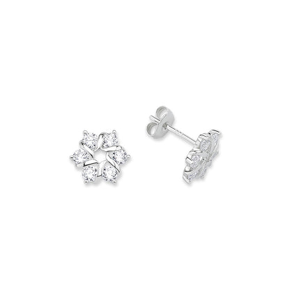 Silver  CZ 6 Stone Snowflake Cluster Stud Earrings - GVE678