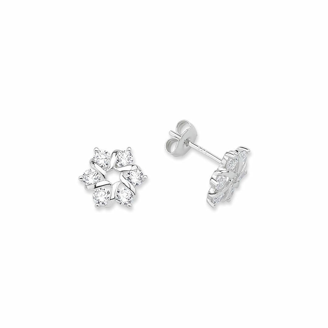 Silver  CZ 6 Stone Snowflake Cluster Stud Earrings - GVE678