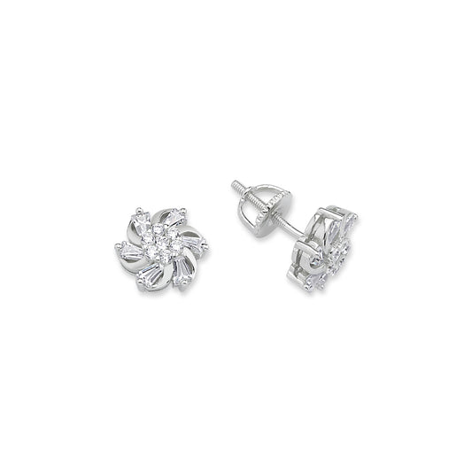 Silver  Tapered Baguette CZ Screw Back Flower Stud Earrings - GVE679