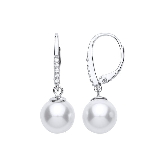 Silver  CZ Pearl Full Moon Drop Earrings 9mm - GVE681