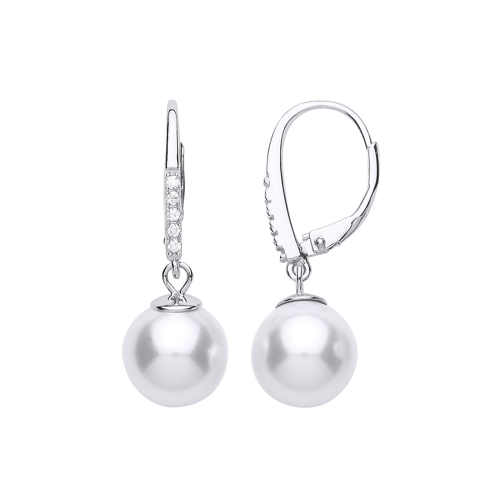 Silver  CZ Pearl Full Moon Drop Earrings 9mm - GVE681