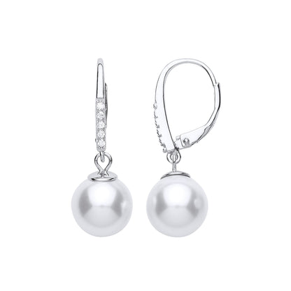 Silver  CZ Pearl Full Moon Drop Earrings 9mm - GVE681