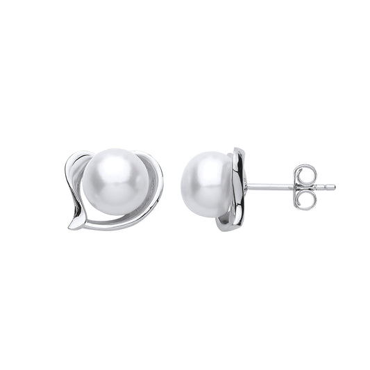 Silver  Pearl Full Moon Love Heart Stud Earrings 8mm - GVE682