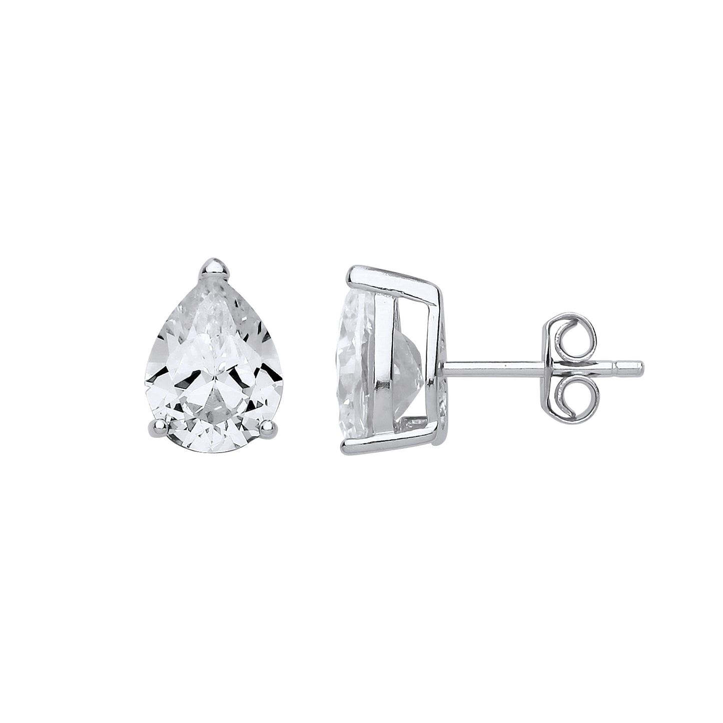 Silver  Pear Cut CZ 3 Claw Soli Tear Drop Stud Earrings - GVE685