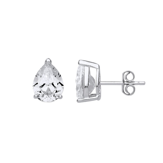 Silver  Pear Cut CZ 3 Claw Soli Tear Drop Stud Earrings - GVE685