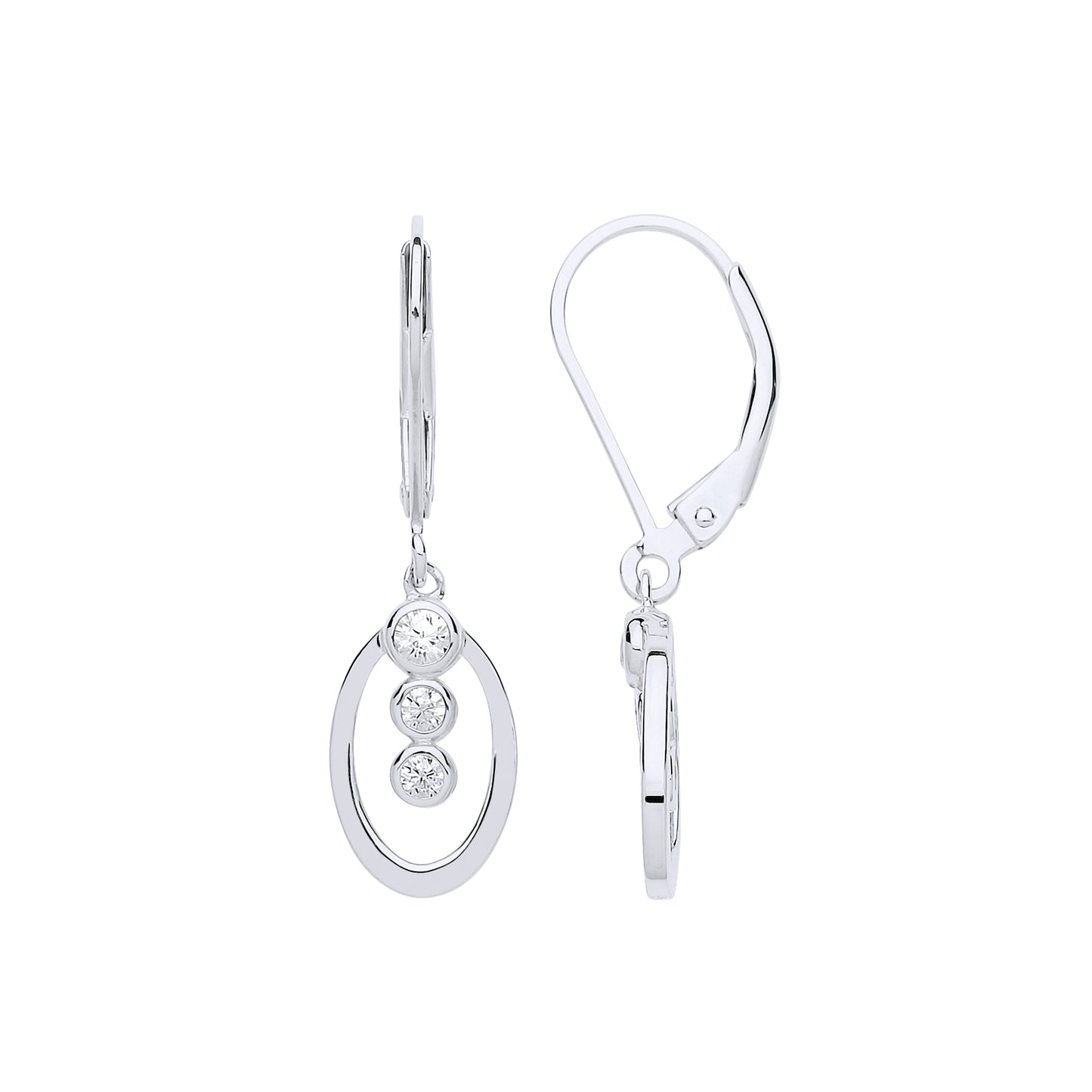 Silver  CZ Trilogy Oval Hoop Drop Earrings - GVE688