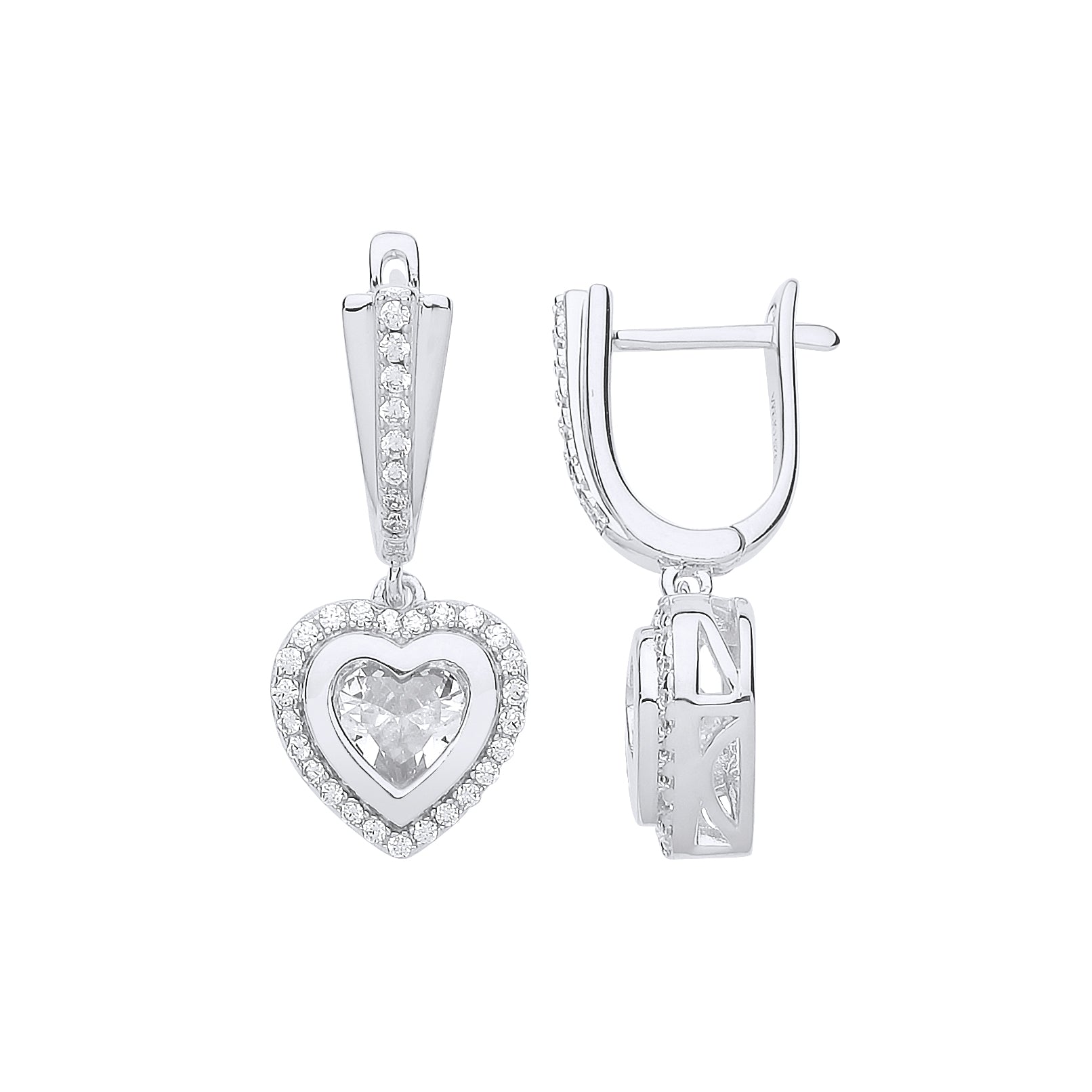 Silver  CZ Halo Love Heart Drop Earrings - GVE690