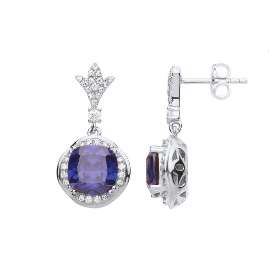 Silver  Blue Cushion CZ Halo Solitaire Tulip Drop Earrings - GVE693