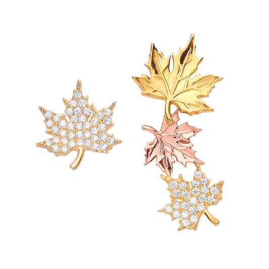 2-Colour Silver  CZ Canada Maple Leaf Stud Drop Mismatch Earrings - GVE694