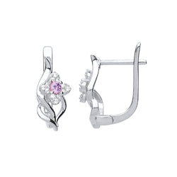 Silver  Pink CZ Wavy Flower Petal Drop Earrings - GVE697