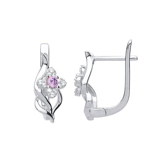 Silver  Pink CZ Wavy Flower Petal Drop Earrings - GVE697