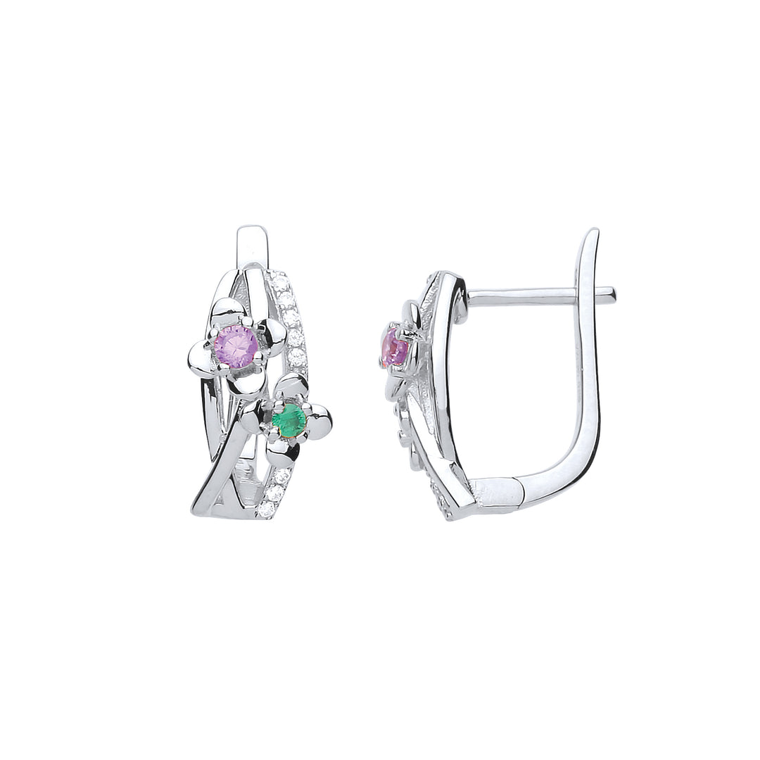 Silver  Pink & Green CZ Duo Flower Petal Drop Earrings - GVE698