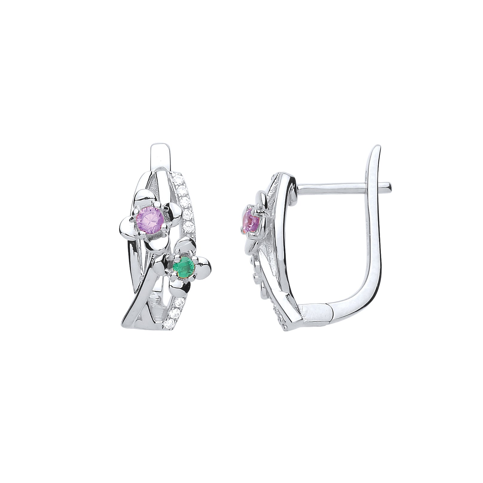Silver  Pink & Green CZ Duo Flower Petal Drop Earrings - GVE698