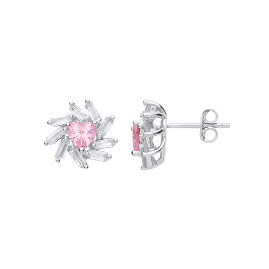 Silver  Pink Baguette CZ Sunburst Love Heart Stud Earrings - GVE699