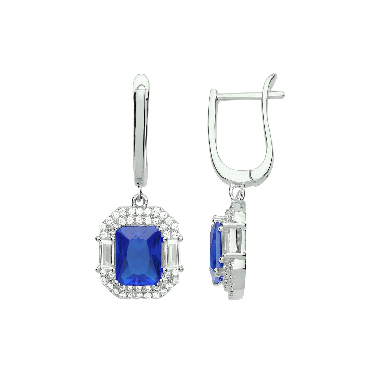 Silver  Blue Radiant CZ Octagon 3 Tier Cluster Drop Earrings - GVE700SAP