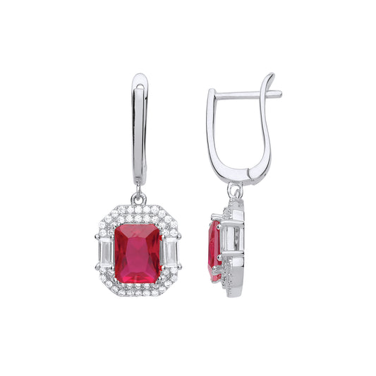 Silver  Red Emerald cut CZ Octagon Amphitheatre Drop Earrings - GVE700