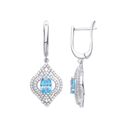 Silver  Light Blue Oval CZ Arabesque Clover Lantern Drop Earrings - GVE701