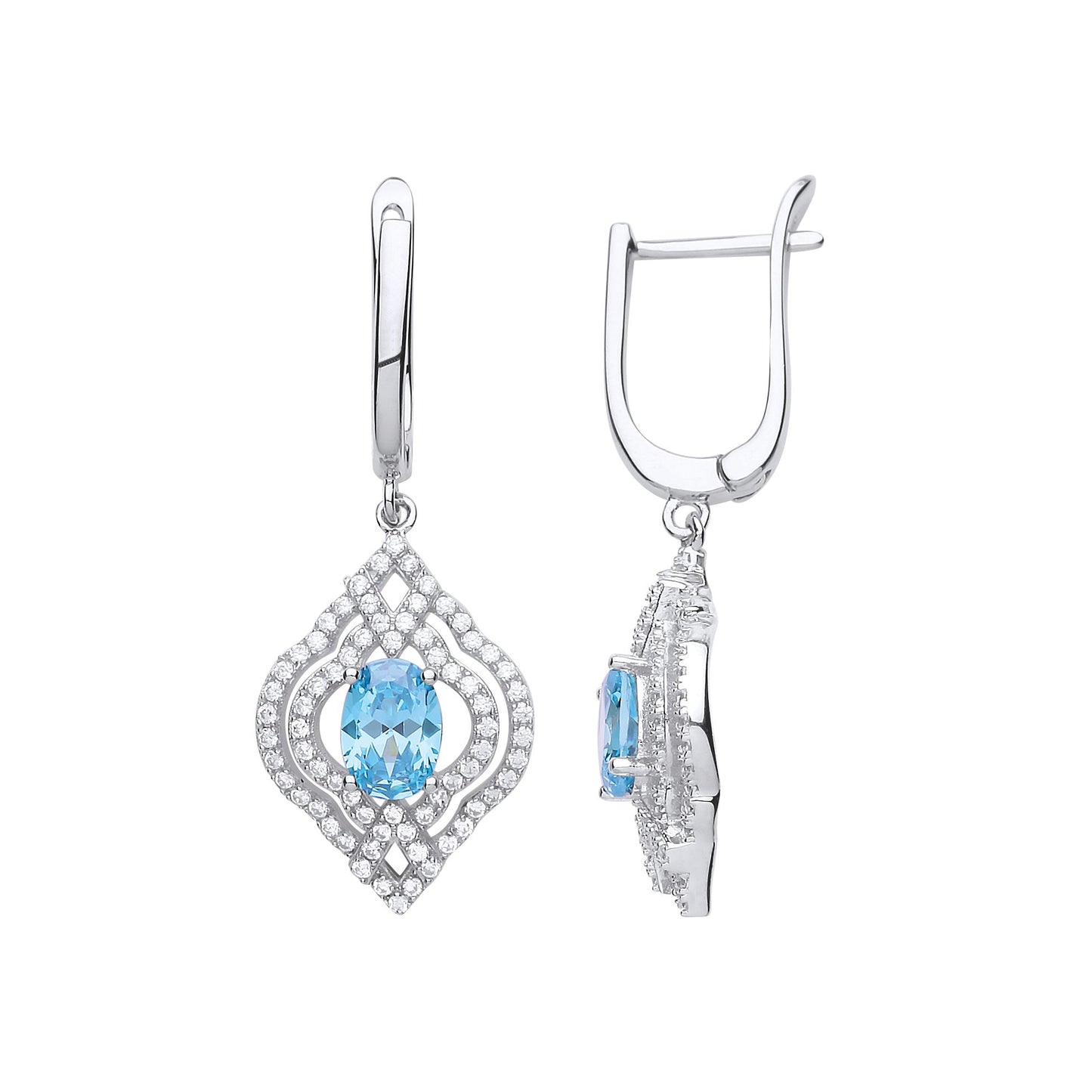 Silver  Light Blue Oval CZ Arabesque Clover Lantern Drop Earrings - GVE701