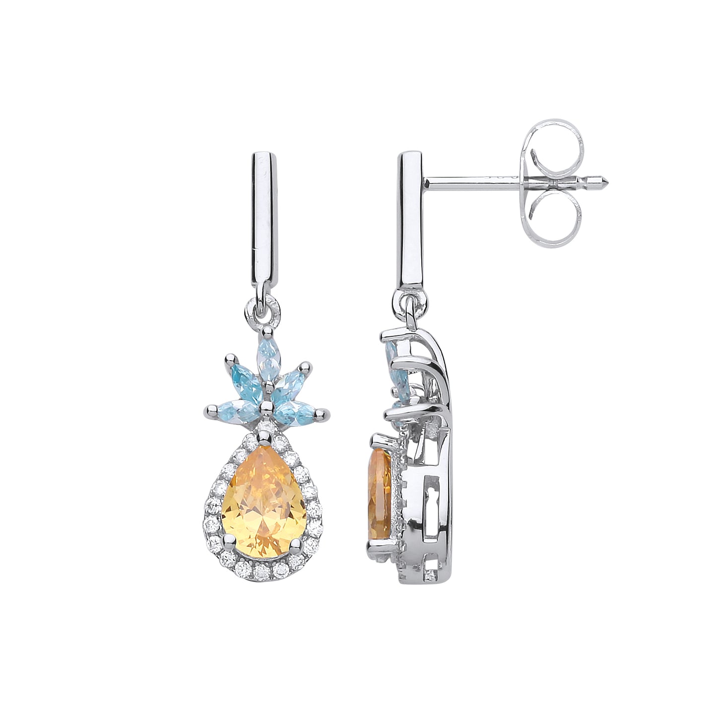 Silver  Blue Golden Yellow CZ Pineapple Piña Colada Drop Earrings - GVE702