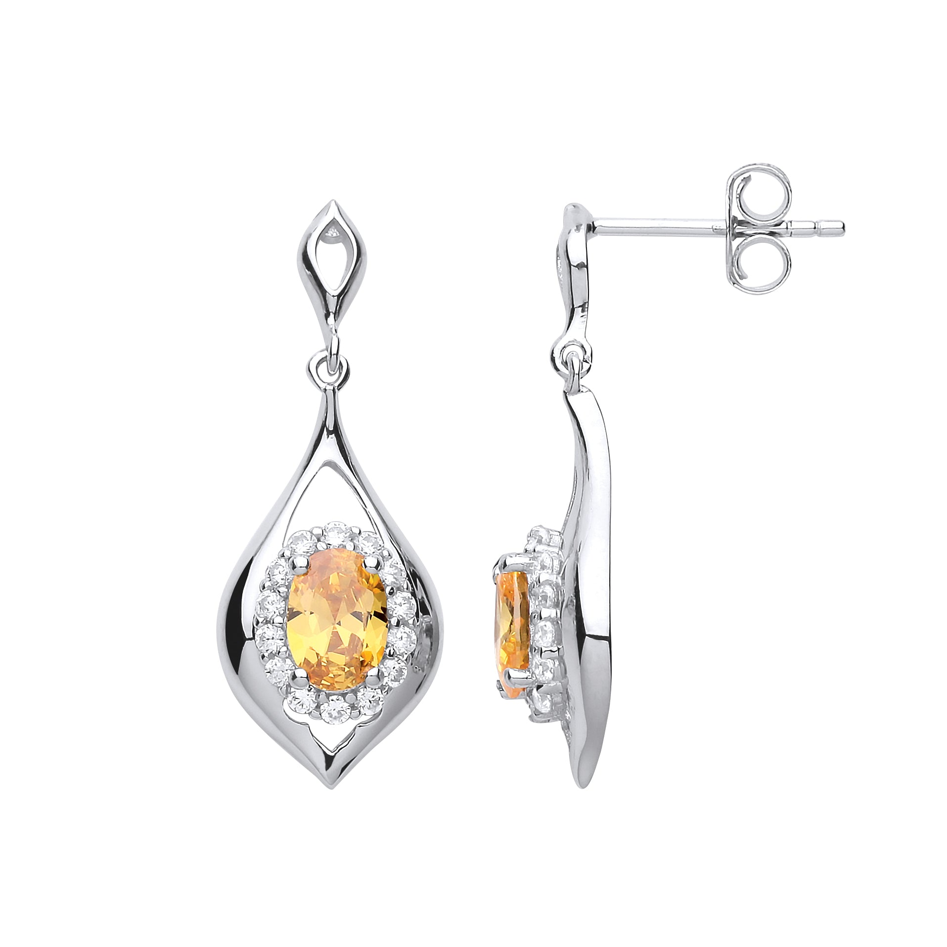 Silver  Golden Yellow Oval CZ Tears of Joy Halo Drop Earrings - GVE703