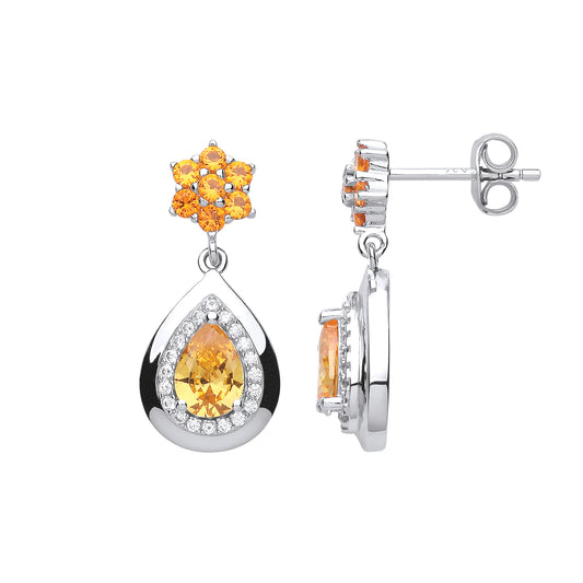 Silver  Golden Yellow Pear CZ Tears of Joy Halo Drop Earrings - GVE704