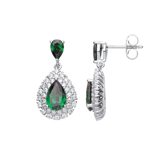 Silver  Green Pear Cut CZ Tears of Joy Halo Drop Earrings - GVE705