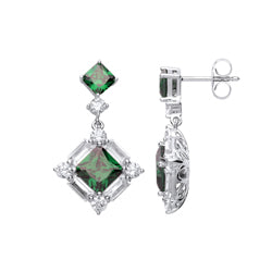 Silver  Green Princess Cut CZ Square Frame Drop Earrings - GVE706