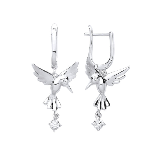 Silver  CZ Hummingbird Solitaire Drop Earrings - GVE710