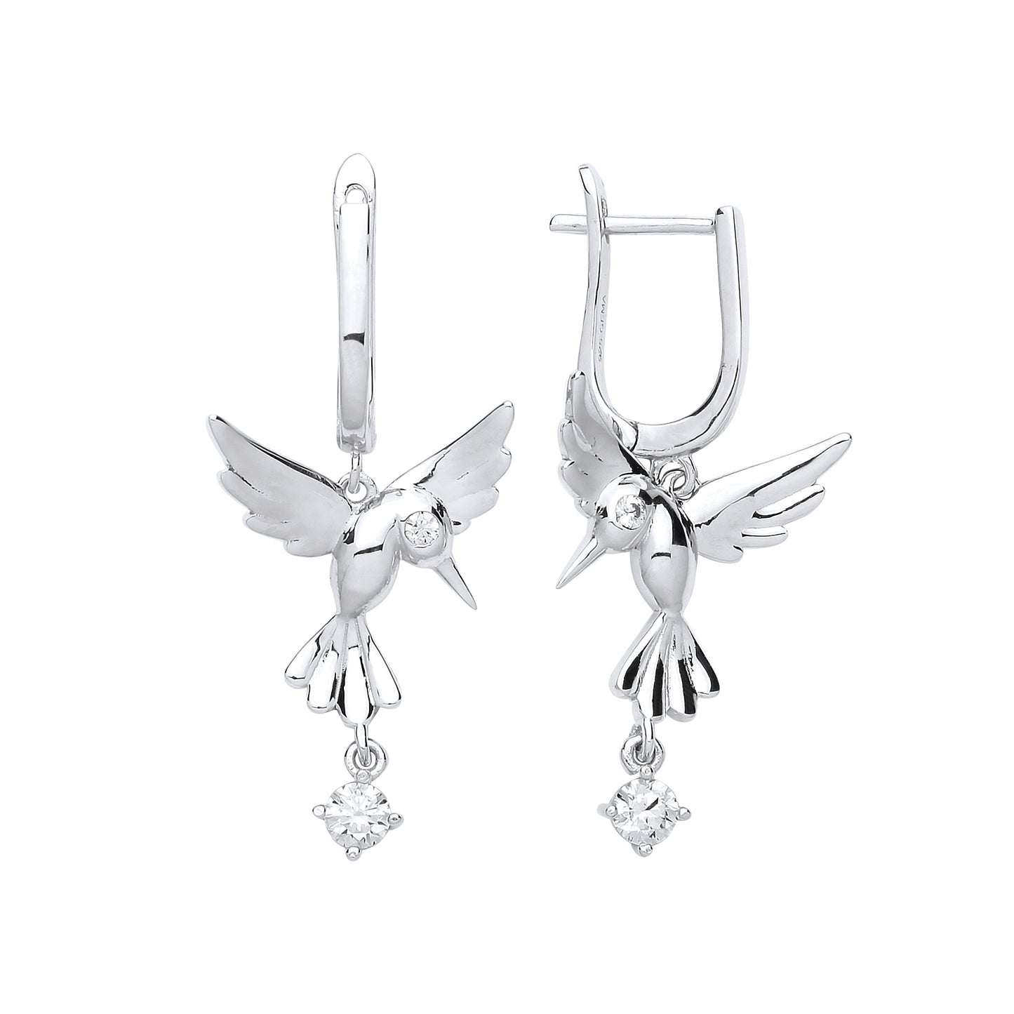 Silver  CZ Hummingbird Solitaire Drop Earrings - GVE710