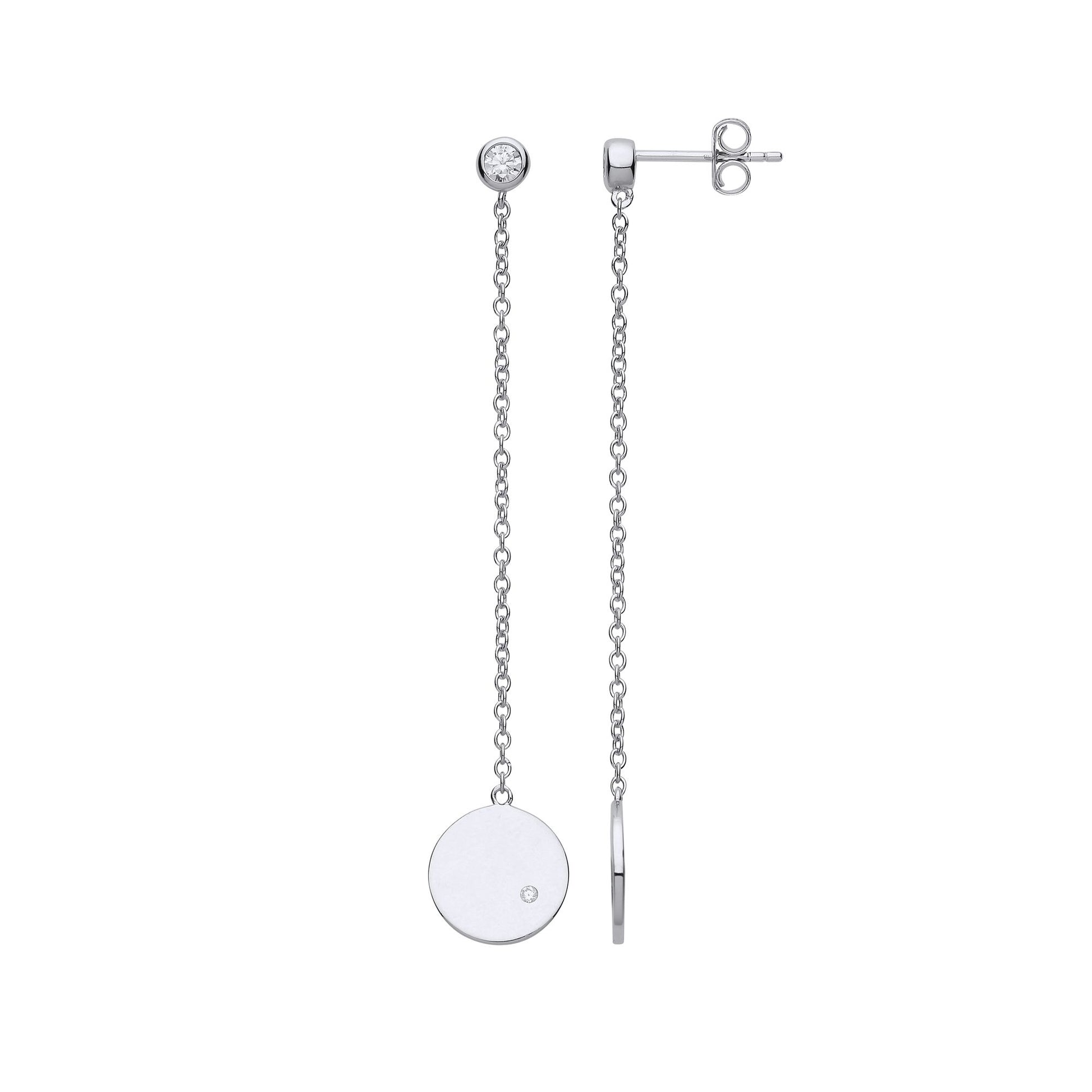 Silver  CZ Solitaire Disc Chain Drop Earrings - GVE711
