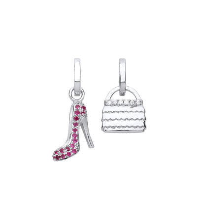 Silver  Pink CZ Clutch Handbag Stiletto Heel Drop Earrings - GVE716