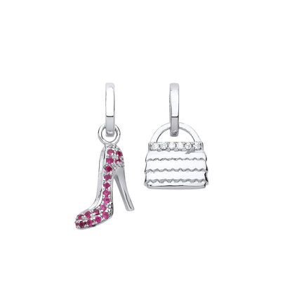 Silver  Pink CZ Clutch Handbag Stiletto Heel Drop Earrings - GVE716