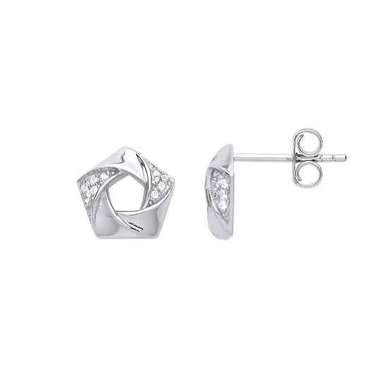 Silver CZ Swirling Pentagon Flower Stud Earrings - GVE723