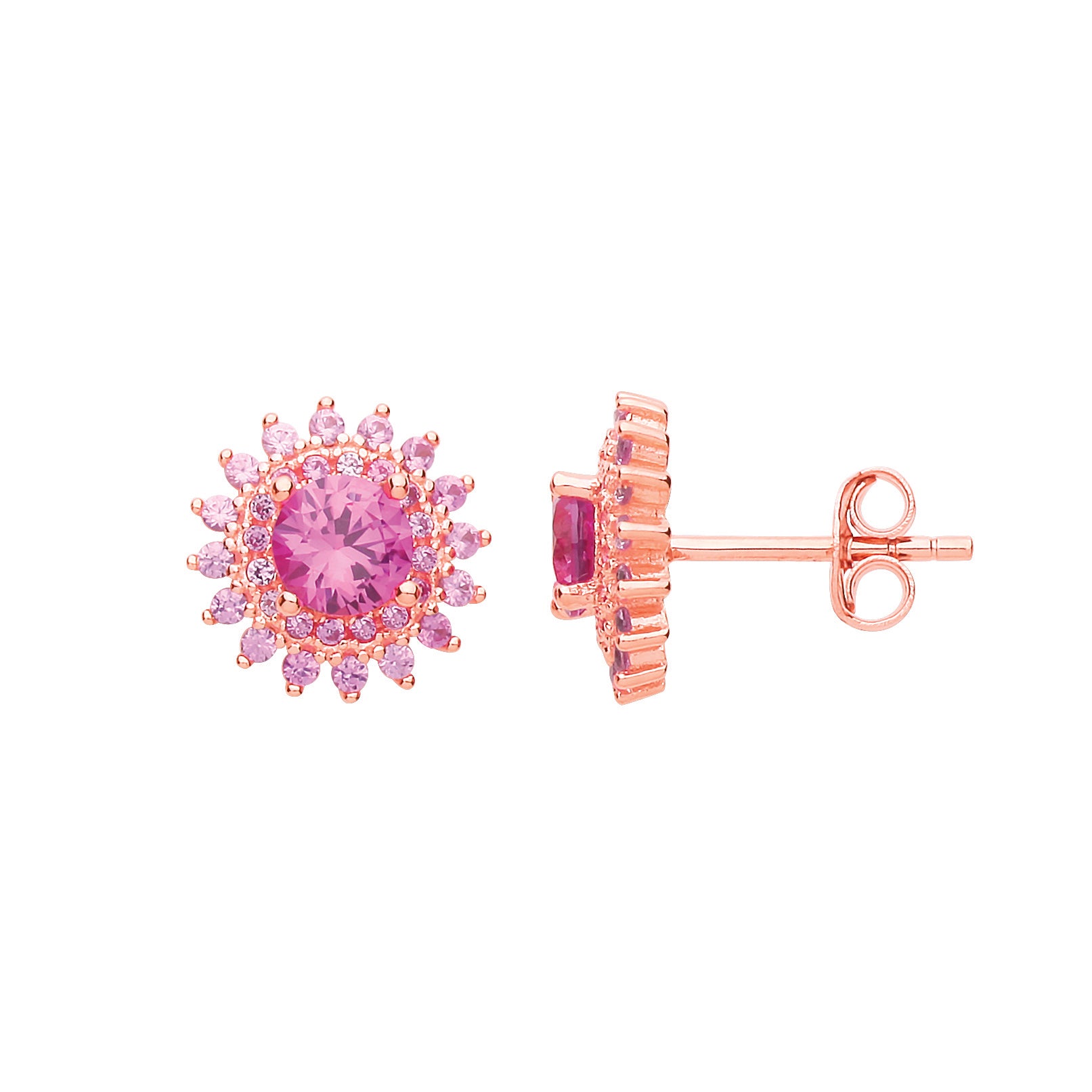 Rose Silver  Pink CZ Sunshine Star Burst Stud Earrings - GVE729