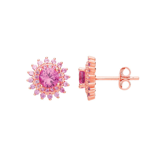 Rose Silver  Pink CZ Sunshine Star Burst Stud Earrings - GVE729
