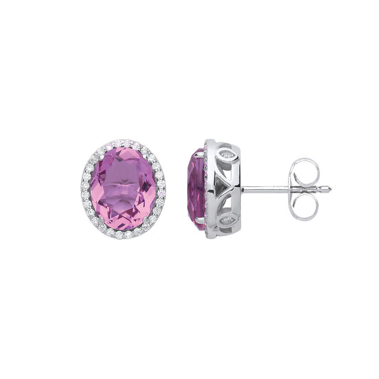 Silver  Purple Oval CZ Halo Solitaire Stud Earrings - GVE730