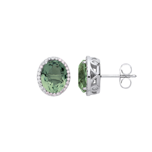 Silver  Green Oval CZ Halo Solitaire Stud Earrings - GVE731