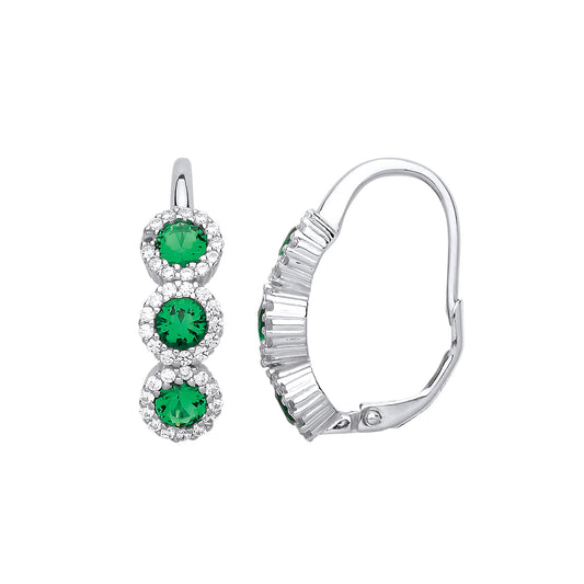 Silver  Green CZ Trilogy Halo Cluster Drop Earrings - GVE732EM